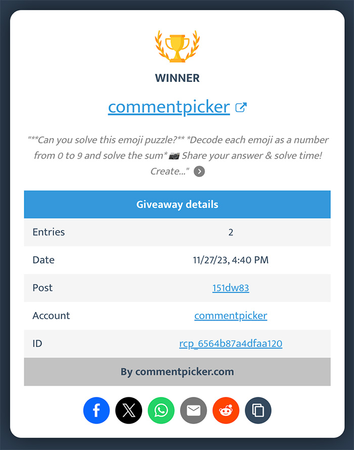 Example Reddit giveaway result page