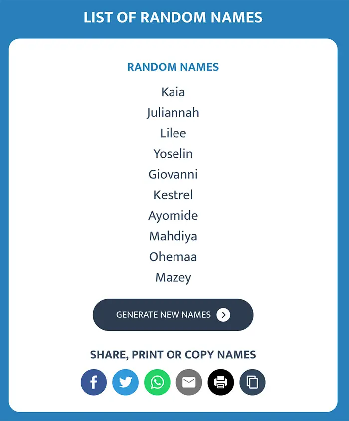 Example list of random names generated with the Name Generator tool.