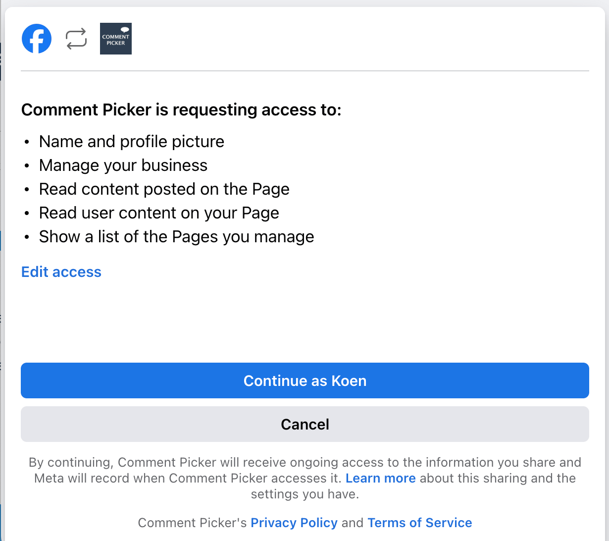 Facebook login dialog with permissions