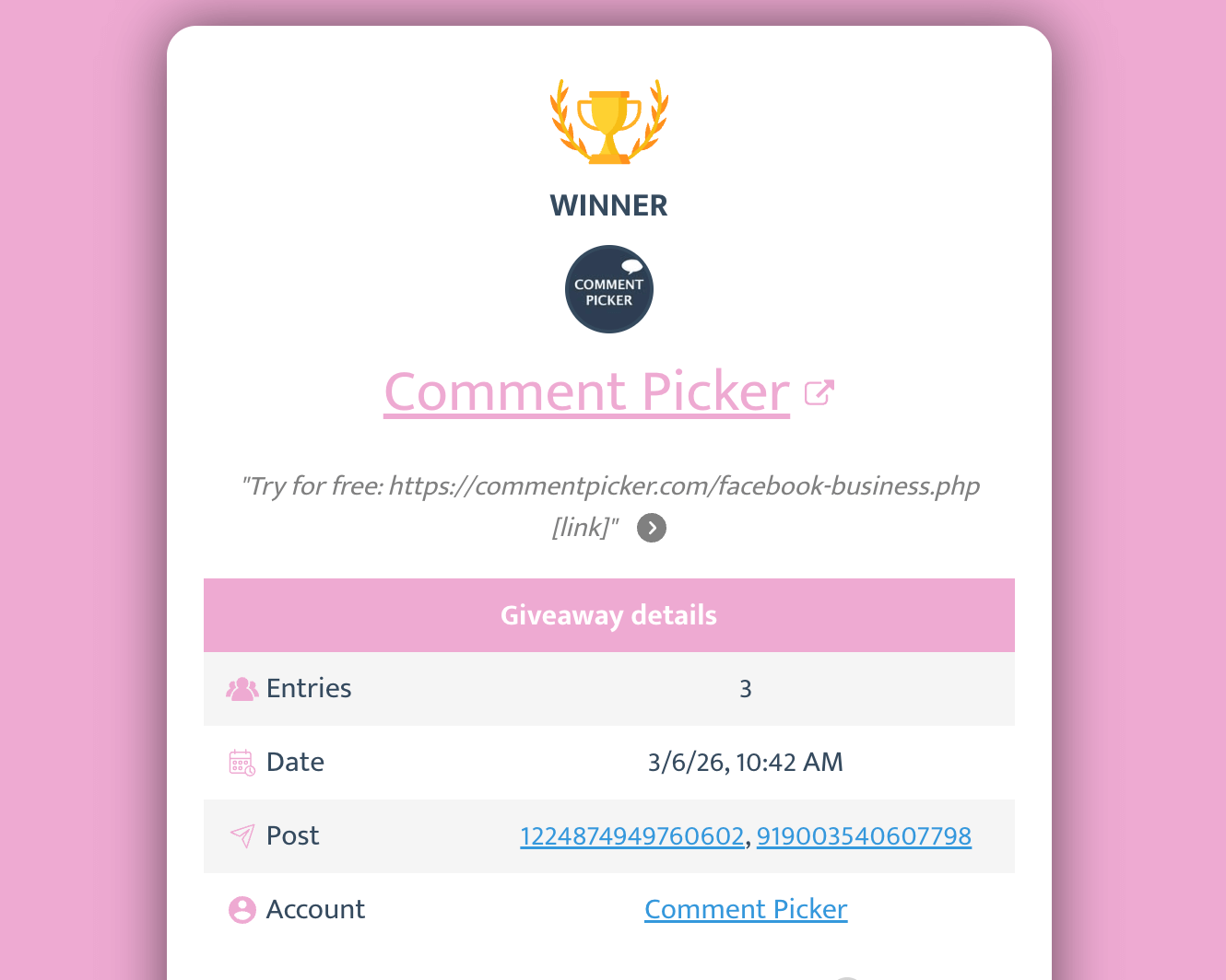 Facebook giveaway result in Comment Picker