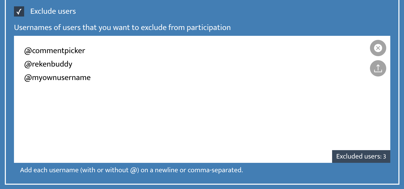 Example of exclude users setting in Comment Picker