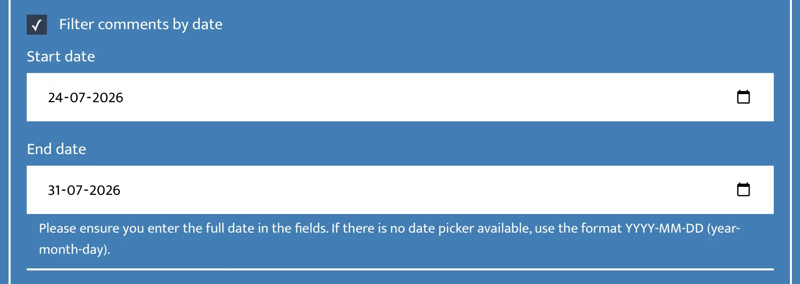 Example of comment date filter in Comment Picker