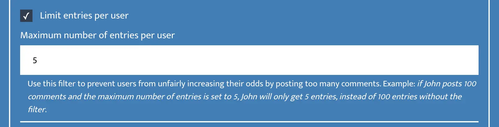 Example of limit entries per user setting in Comment Picker