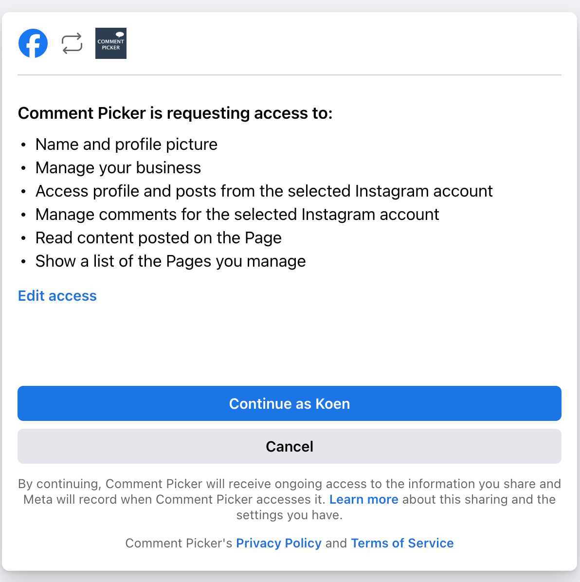 Permissions in Facebook login