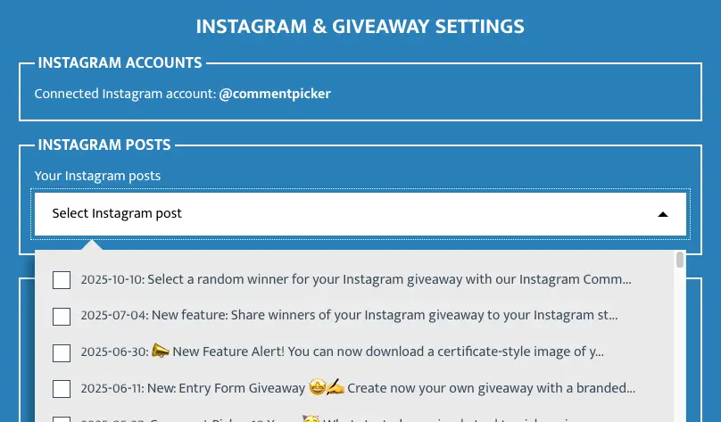 Instagram account and post selection