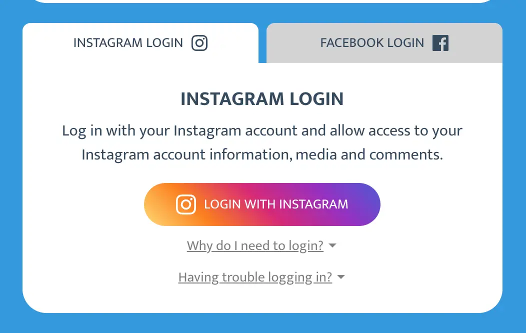 Instagram and Facebook login buttons in Instagram Comment Picker