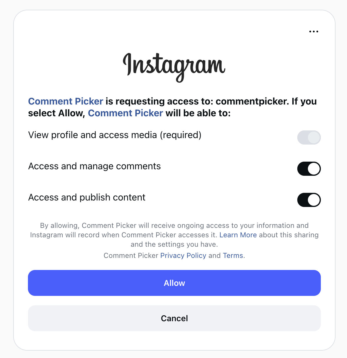 Permissions in Instagram login