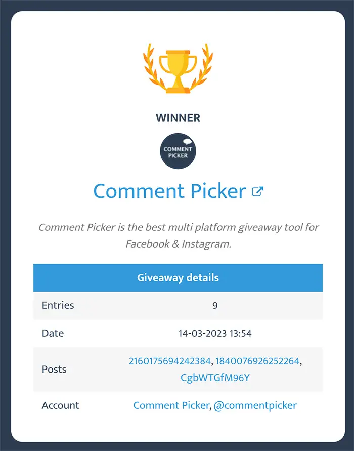 Example of certificate for multi-platform Instagram & Facebook giveaway