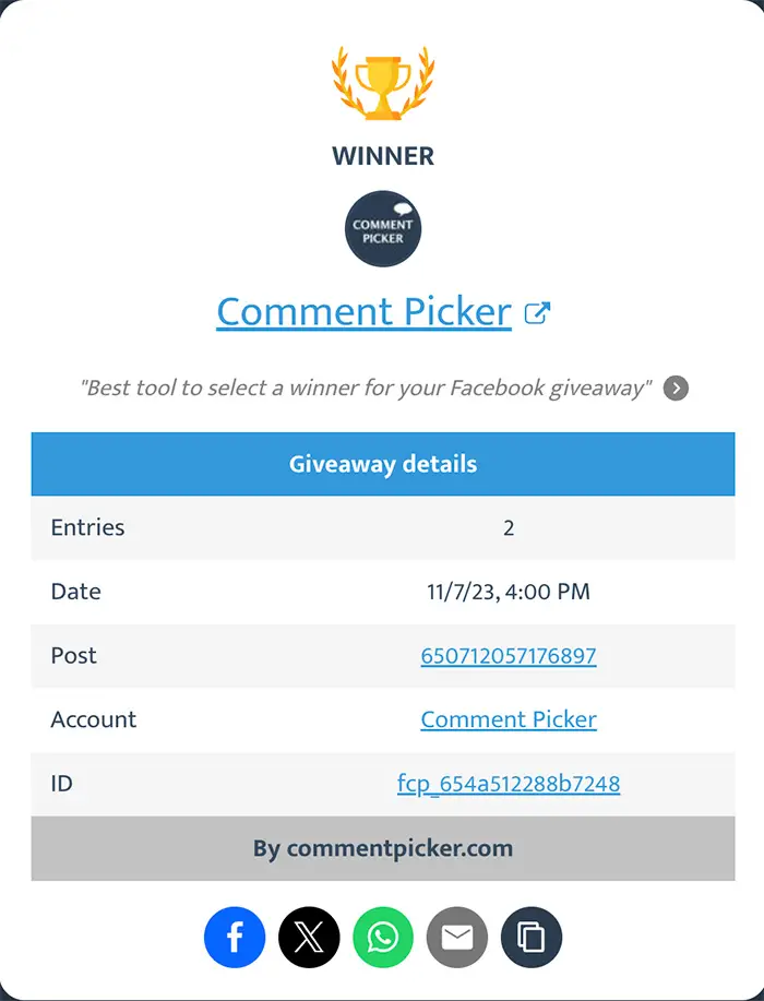 Example of certificate with Facebook giveaway results.