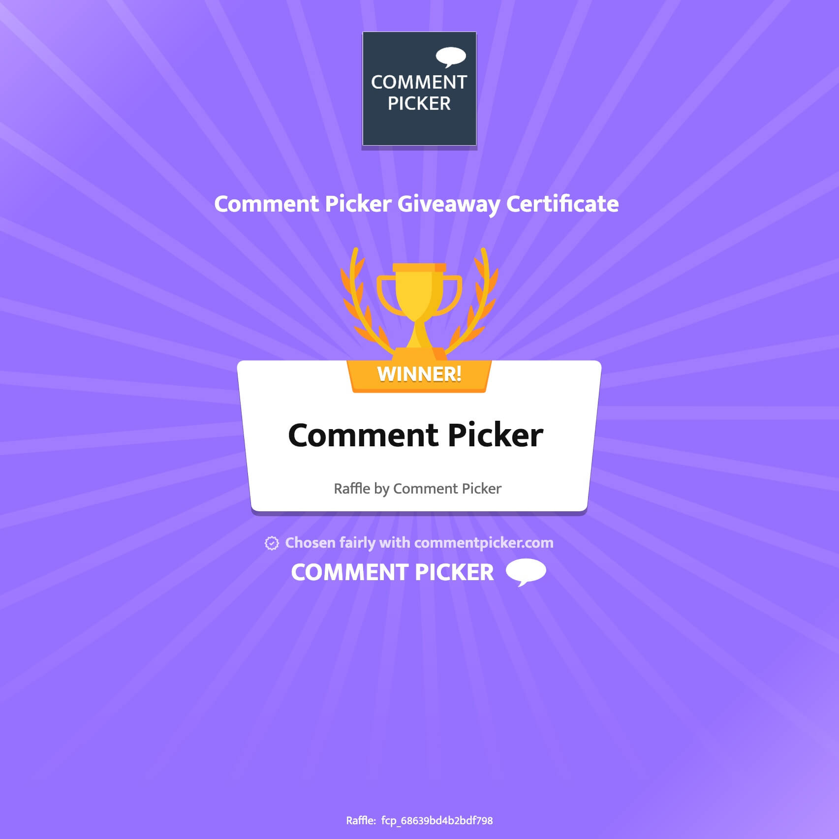 Example of a Comment Picker Certificate for Facebook giveaway
