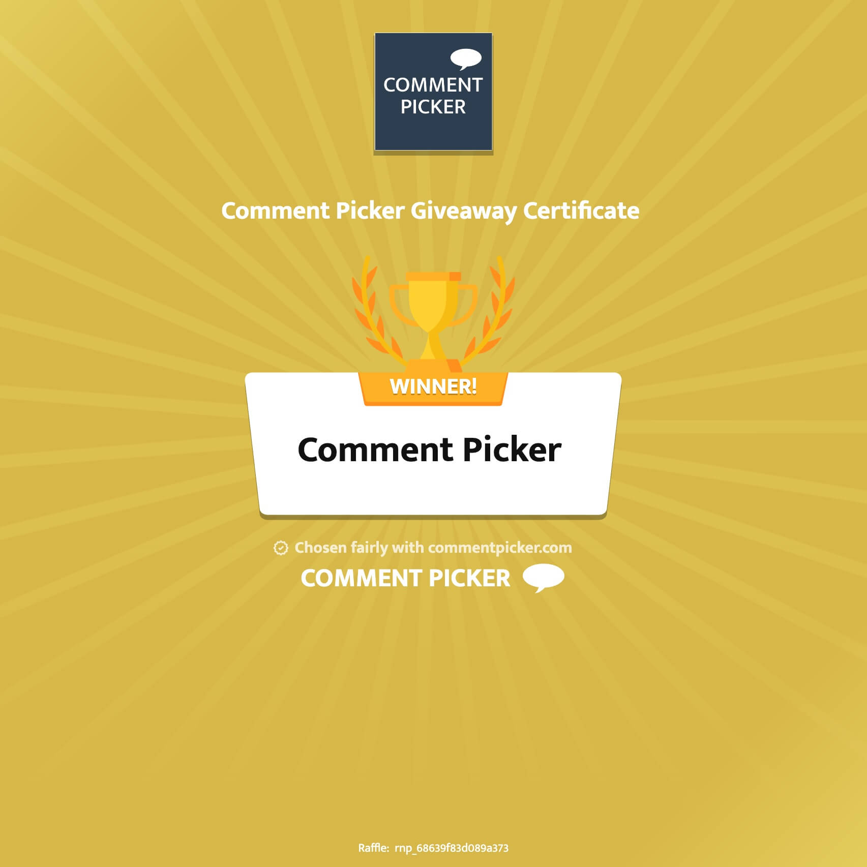 Example of a Comment Picker Certificate for Random Name Picker