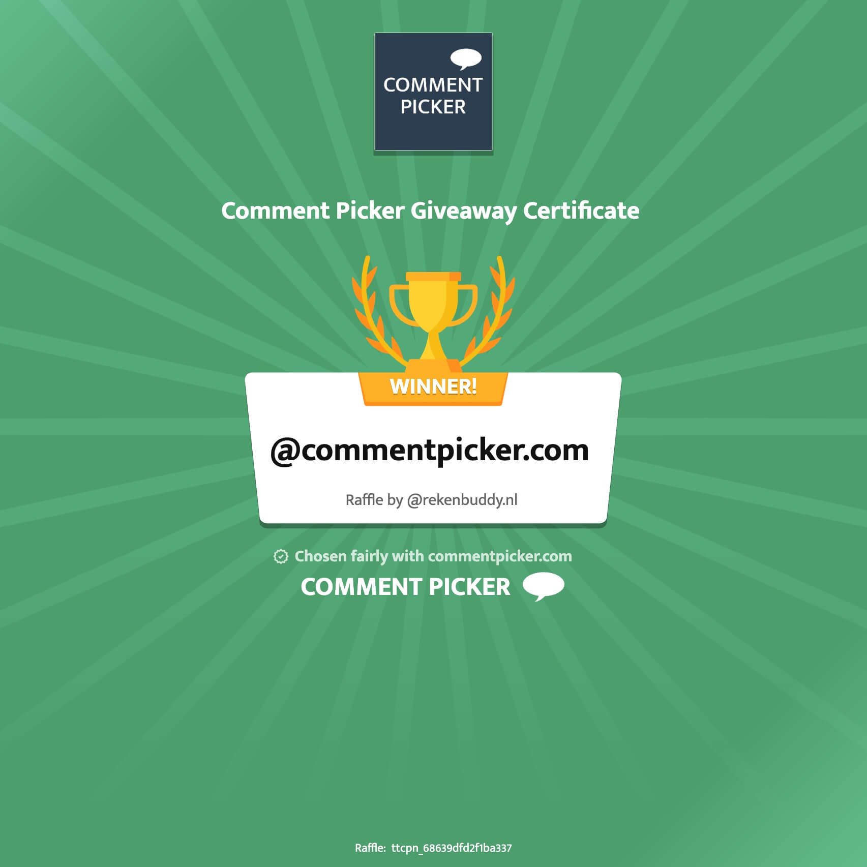 Example of a Comment Picker Certificate for TikTok giveaway