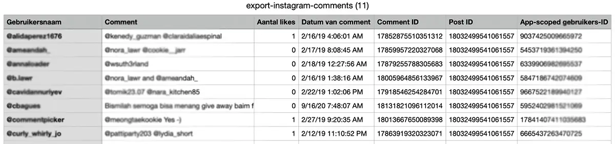 Voorbeeld van export van Instagram reacties