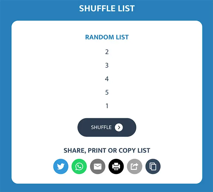 Example of a list in random order shuffled by the Randomizer.