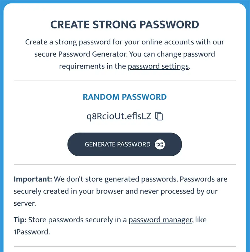 Example of a strong password created with the password generator