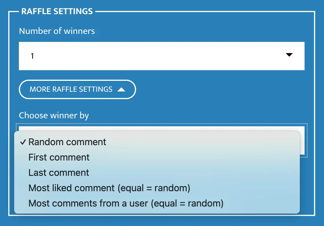 Example of the winner selection settings on Comment Picker