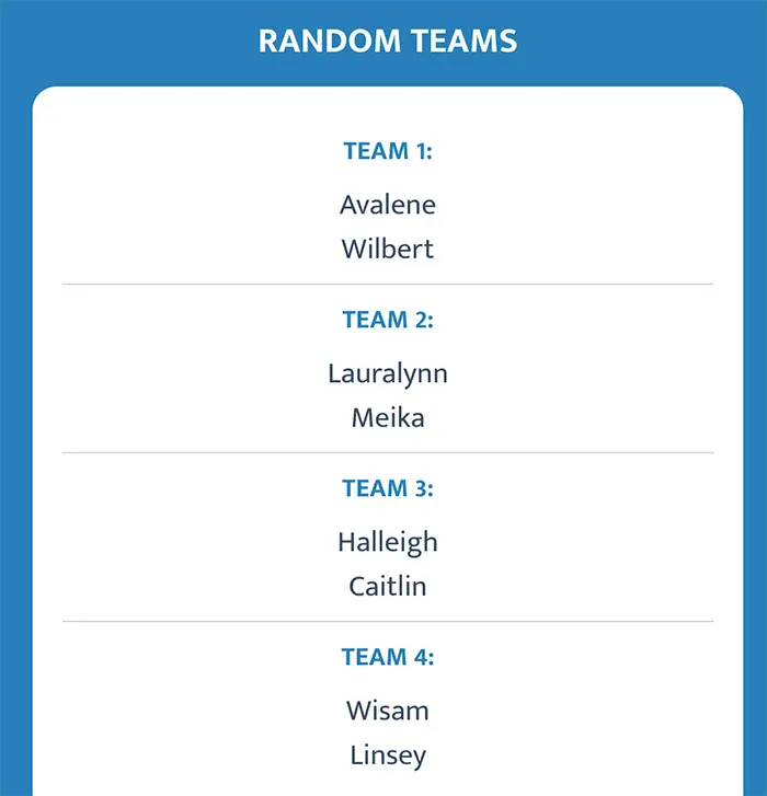 Example of randomized teams with 2 participants per team