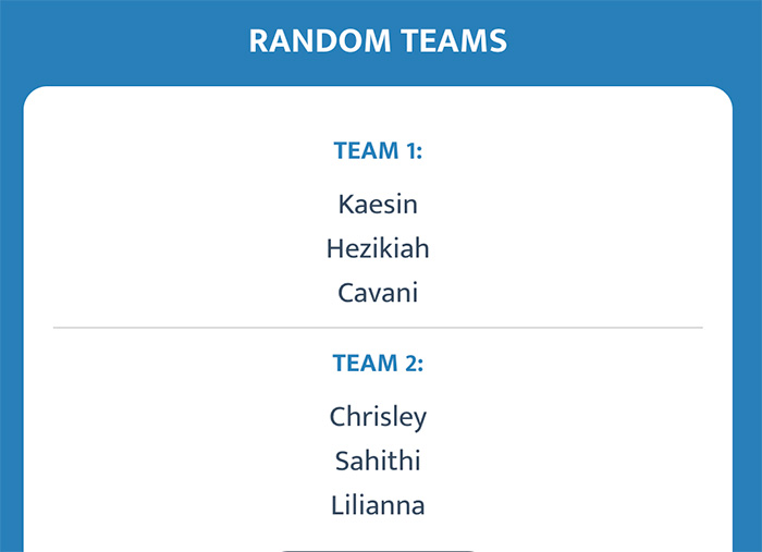 Example of randomized teams with 2 teams