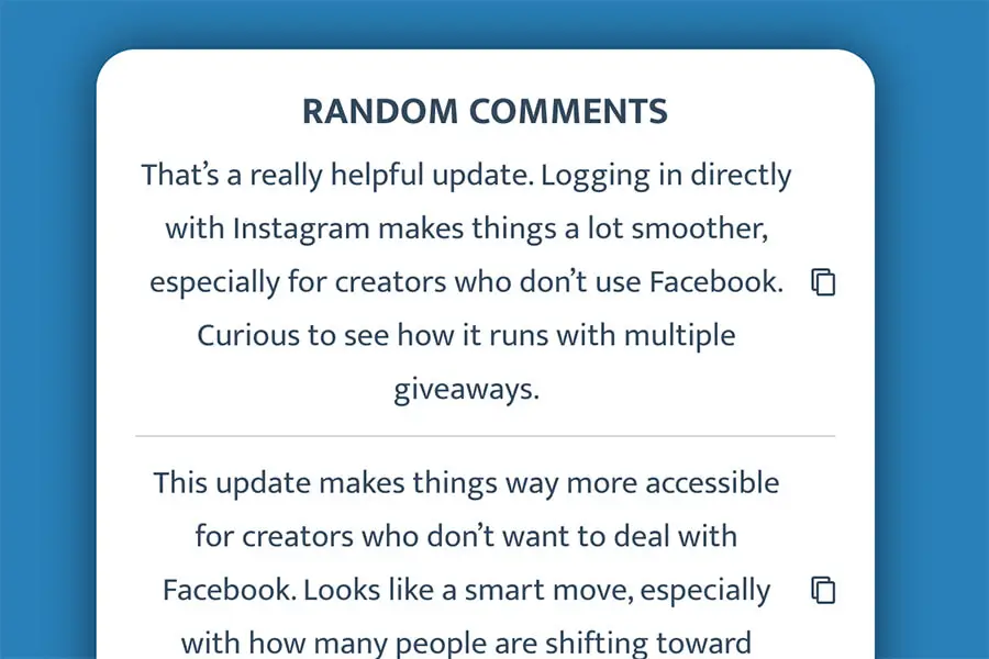 Example comments generated by the Comment Generator