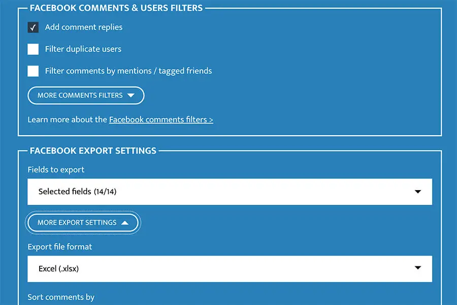 Settings And Filters in Facebook Export Tool