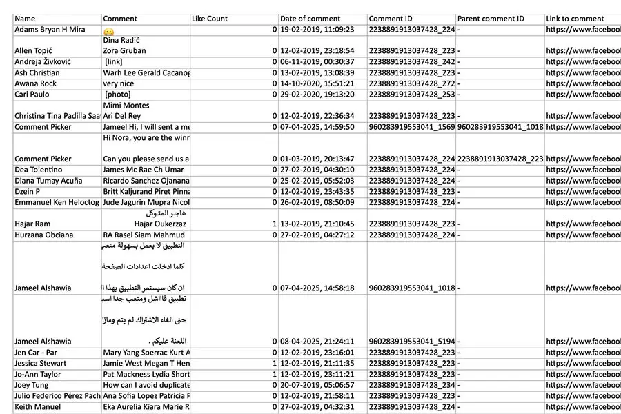 Example Facebook Comments Export