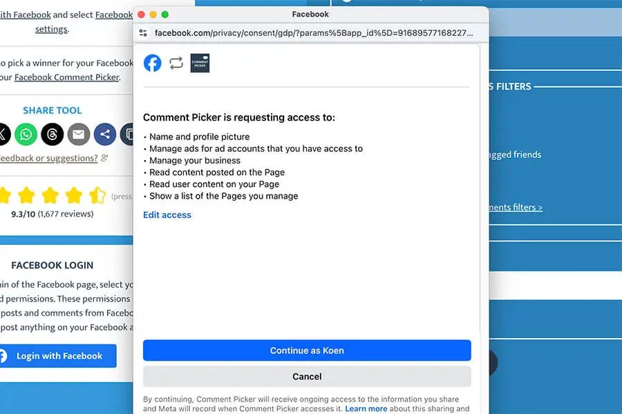 Facebook Login in the Facebook export tool