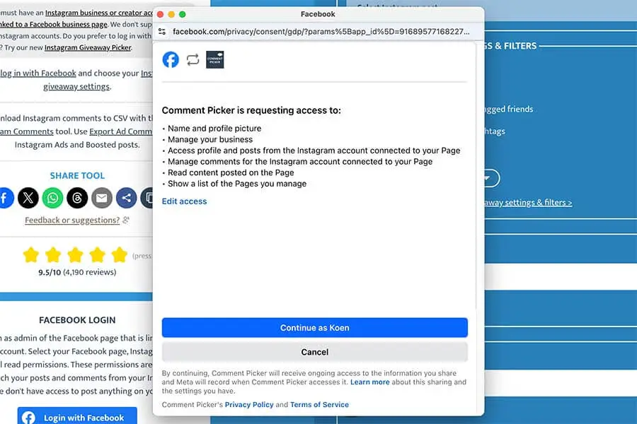 Facebook Login for Instagram Comment Picker