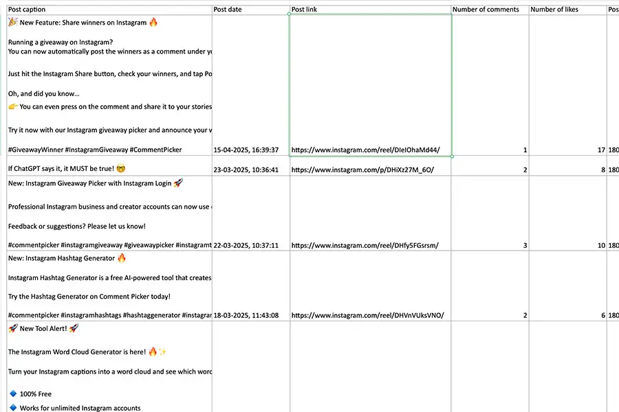 Example of Instagram Export with Instagram Posts Downloader