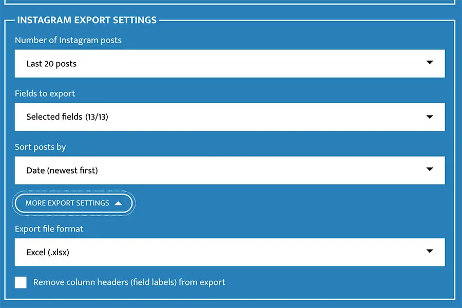 Instagram Export Comments Filter and Settings