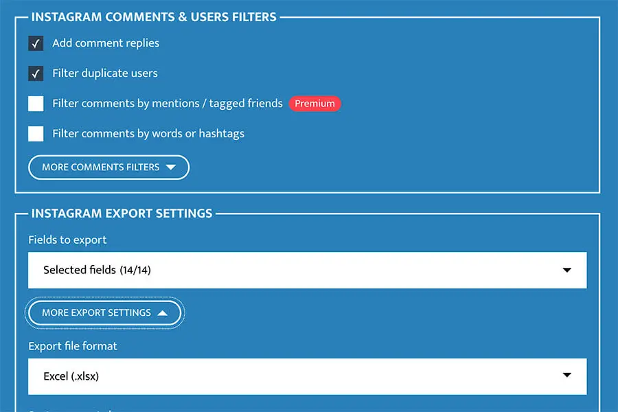 Instagram Export Comments Filter and Settings