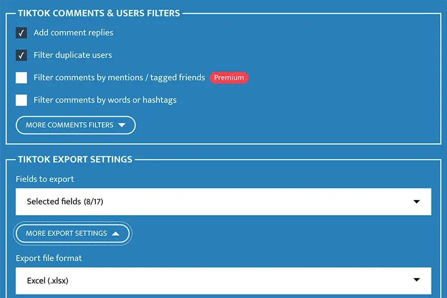 TikTok Export Comments Filter and Settings