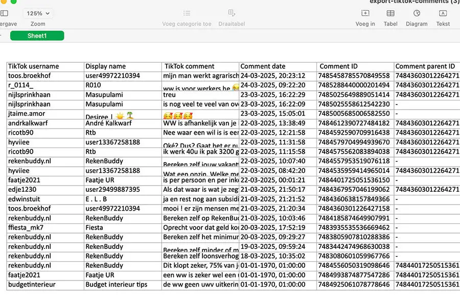 Example TikTok Export with TikTok Comments Downloader