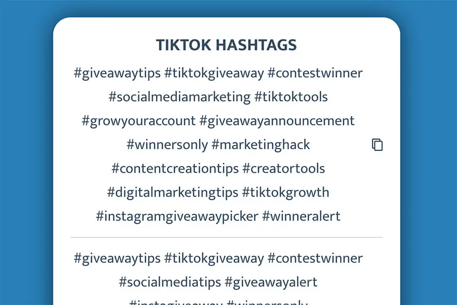 Example hashtags generated by the TikTok Hashtag Generator