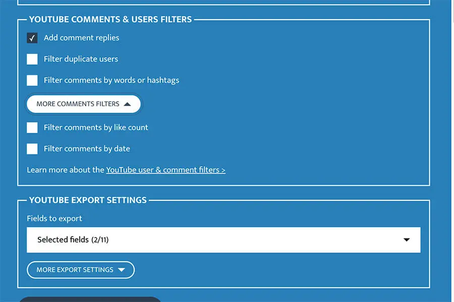Settings And Filters in YouTube Export Tool