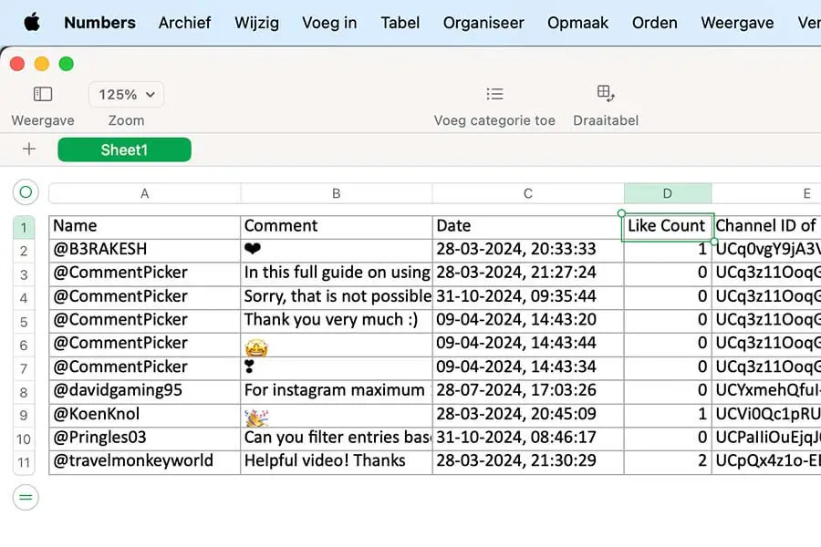 Example YouTube Export with YouTube Comments Downloader