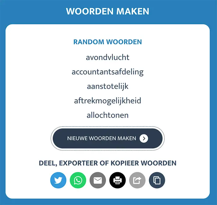 Voorbeeld resultaten woordgenerator van woorden maken met de letter A