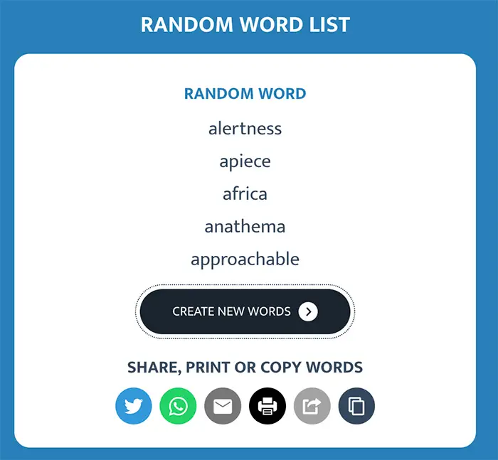 Example of random word list of words starting with the letter A.