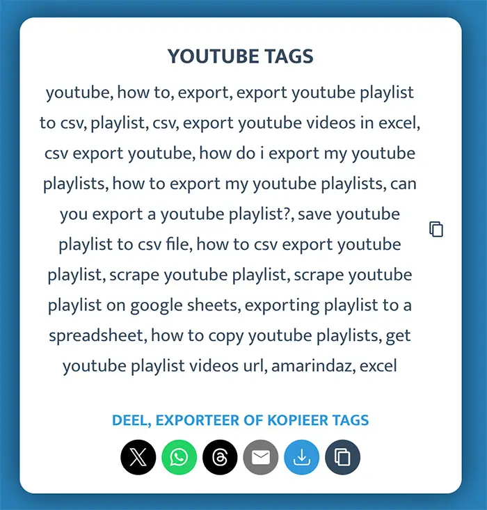 Voorbeeld van een lijst met YouTube tags gemaakt door de Tag Generator.